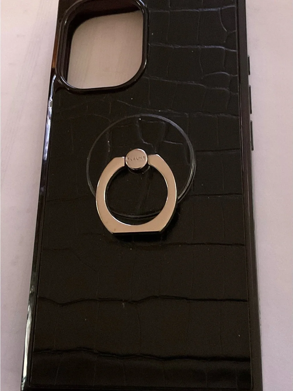 Flaunt Black Croc-Texture Phone Case for IPhone 16 with Silver Ring Holder